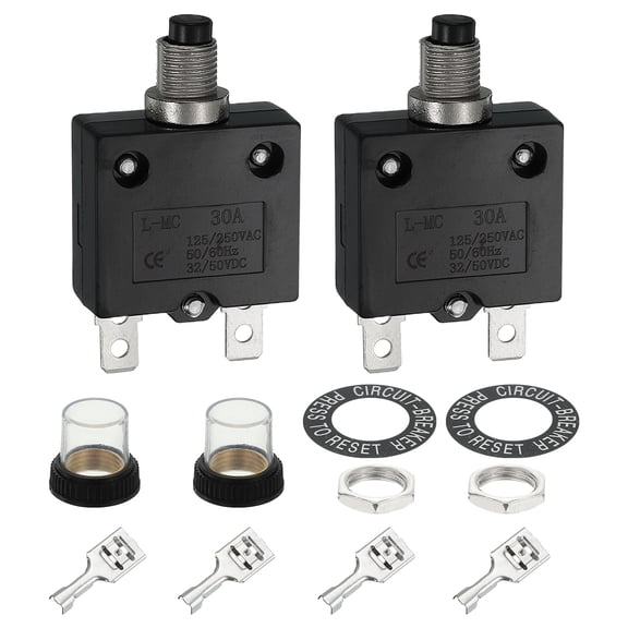 Uxcell 2PCS 30A Thermal Circuit Breakers, 125/250V AC,32/50V DC Manual Reset Push Button Overload Protector Circuit Breaker with Waterproof Button Caps Quick Connector Terminals