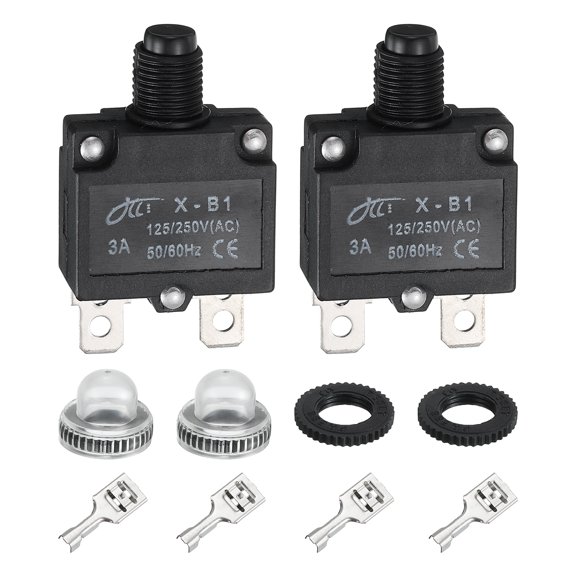 Uxcell 2PCS 3A Thermal Circuit Breakers, 125/250V AC,32V DC Manual Reset Push Button Overload Protector Circuit Breaker with Waterproof Button Caps Quick Connector Terminals