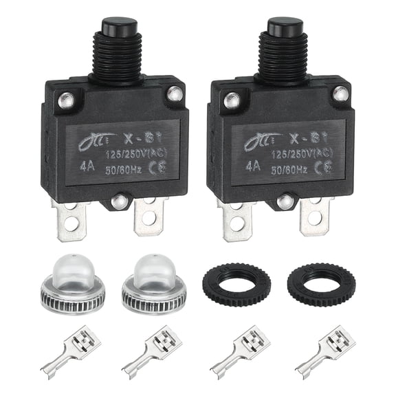 Uxcell 2PCS 4A Thermal Circuit Breakers, 125/250V AC,32V DC Manual Reset Push Button Overload Protector Circuit Breaker with Waterproof Button Caps Quick Connector Terminals