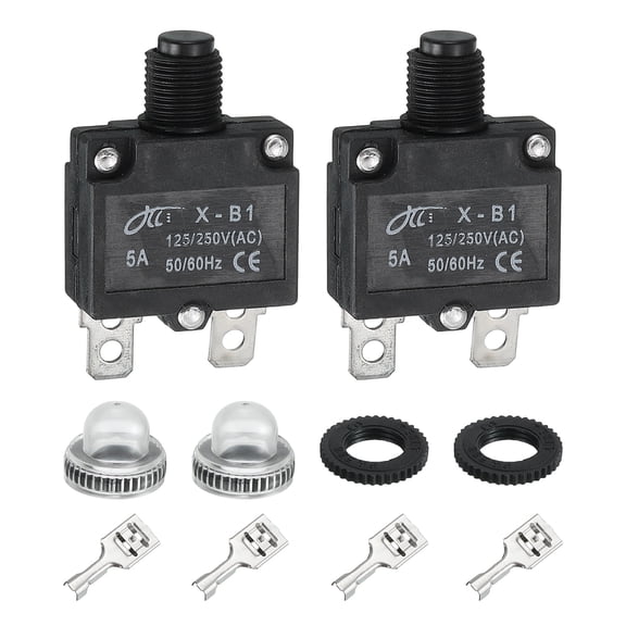 Uxcell 2PCS 5A Thermal Circuit Breakers, 125/250V AC,32V DC Manual Reset Push Button Overload Protector Circuit Breaker with Waterproof Button Caps Quick Connector Terminals