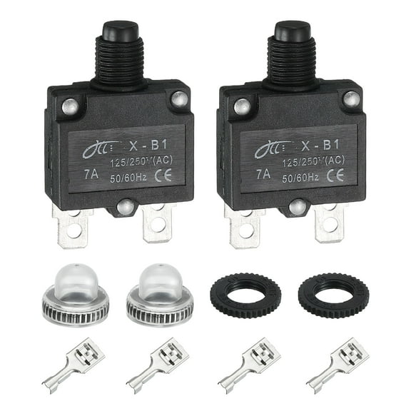 Uxcell 2PCS 7A Thermal Circuit Breakers, 125/250V AC,32V DC Manual Reset Push Button Overload Protector Circuit Breaker with Waterproof Button Caps Quick Connector Terminals