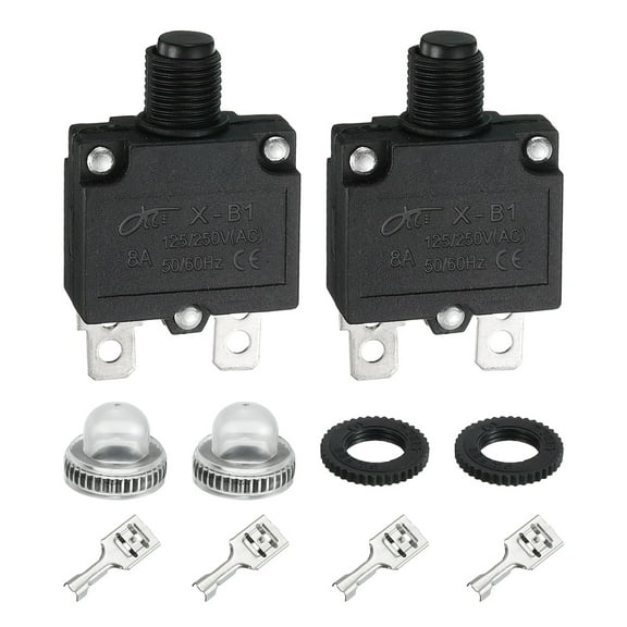 Uxcell 2PCS 8A Thermal Circuit Breakers, 125/250V AC,32V DC Manual Reset Push Button Overload Protector Circuit Breaker with Waterproof Button Caps Quick Connector Terminals