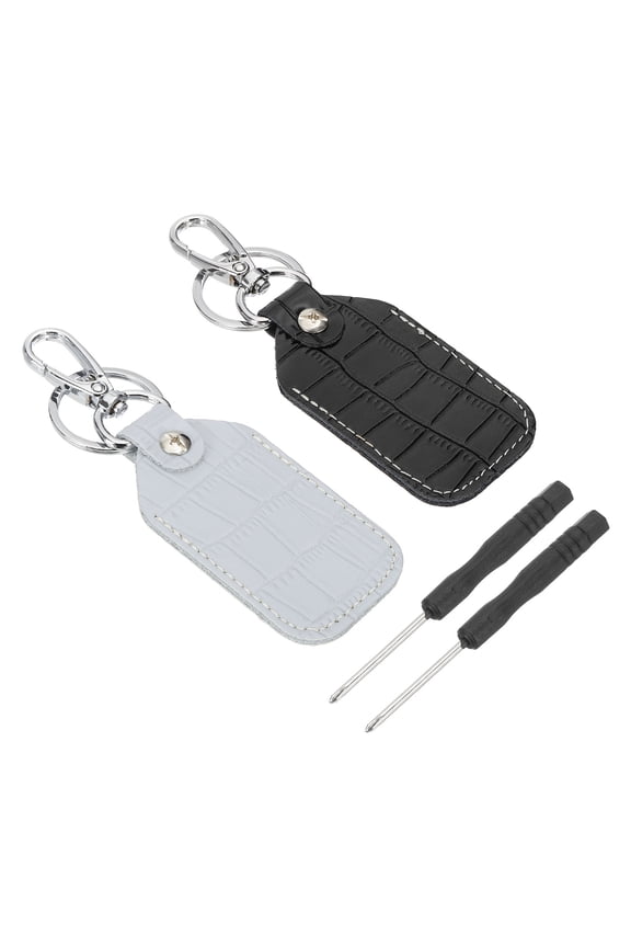 Leather Key Fob, 2 Pcs Genuine Leather Key Cover RFID Key Fob Protector Air Tag Holder Keychain Case with Key Ring & Screwdriver for Car Key ID Key Card Black/Light Blue