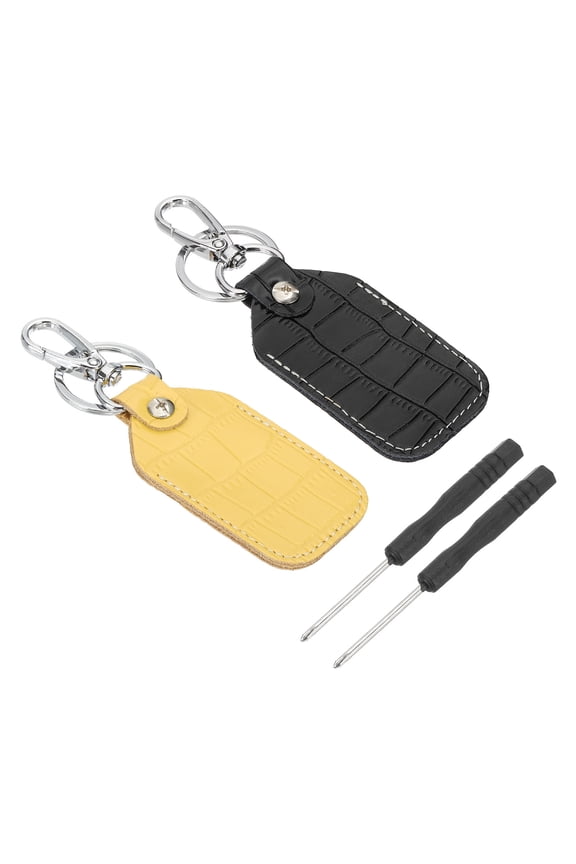Leather Key Fob, 2 Pcs Genuine Leather Key Cover RFID Key Fob Protector Air Tag Holder Keychain Case with Key Ring & Screwdriver for Car Key ID Key Card Black/Yellow