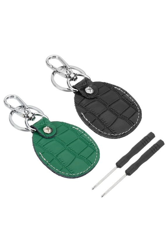 Leather Key Fob, 2 Pcs Genuine Leather Key Cover RFID Key Fob Protector Air Tag Holder Keychain Case with Key Ring & Screwdriver for Car Key ID Key Cards Black/Deep Green