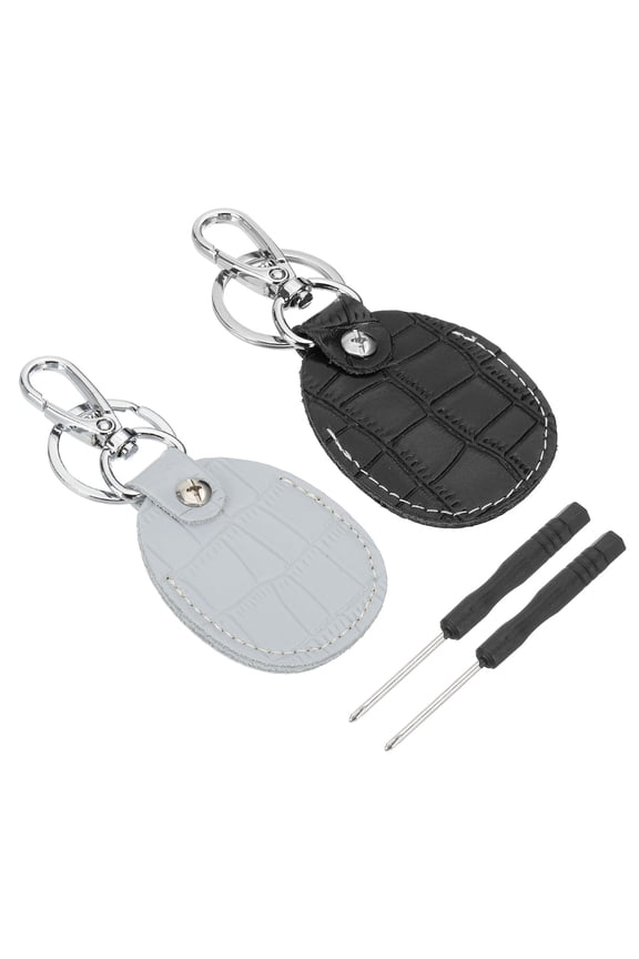 Leather Key Fob, 2 Pcs Genuine Leather Key Cover RFID Key Fob Protector Air Tag Holder Keychain Case with Key Ring & Screwdriver for Car Key ID Key Cards Black/Light Blue