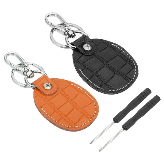 Uxcell Leather Key Fob, 2 Pcs Genuine Leather Key Cover RFID Key Fob Protector Air Tag Holder Keychain Case with Key Ring & Screwdriver for Car Key ID Key Cards Black/Orange