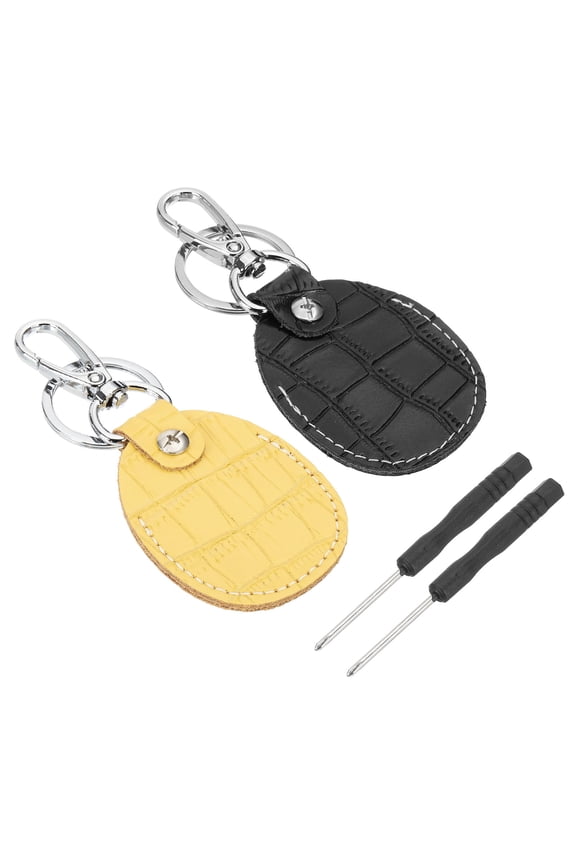 Leather Key Fob, 2 Pcs Genuine Leather Key Cover RFID Key Fob Protector Air Tag Holder Keychain Case with Key Ring & Screwdriver for Car Key ID Key Cards Black/Yellow