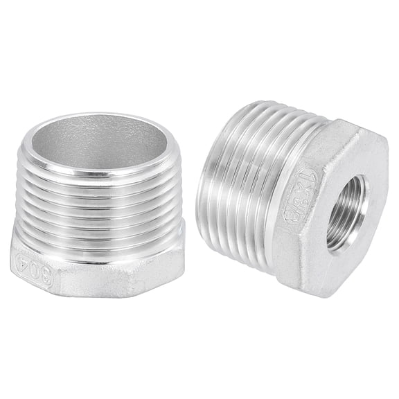 Uxcell 2Pack 1" Male to 3/8" Female NPT 304 Stainless Steel Reducer Hex Bushing