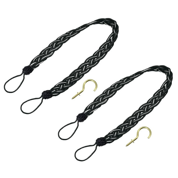 Uxcell 2Pack 23" Curtain Tiebacks Braided Drapery Holdback Holder with Hooks, Black/Silver