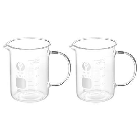 Uxcell 2Pack 250ml Glass Beaker with Handle, 3.3 Borosilicate Glass Graduated Measuring Cups with Spout