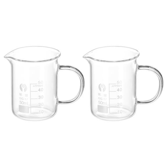 Uxcell 2Pack 50ml Glass Beaker with Handle, 3.3 Borosilicate Glass Graduated Measuring Cups with Spout
