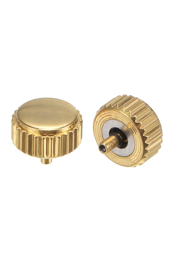 2Pack 6x7mm Watch Crown Parts, Stainless Steel Flat Head Long Stem Watch Crown 2mm ID Gold Tone