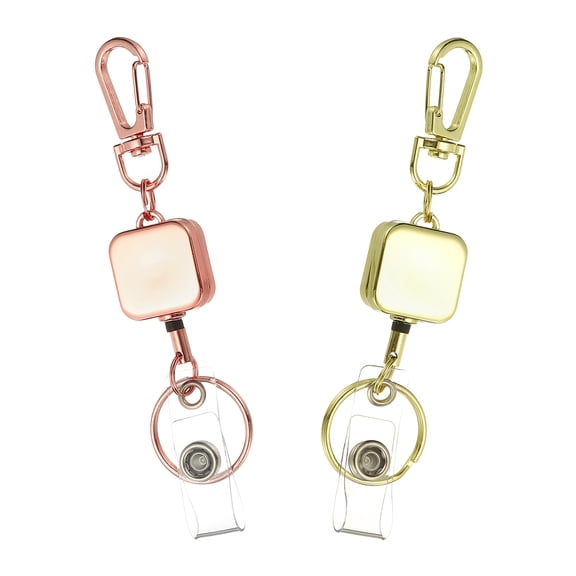 Uxcell 2Pack Retractable Keychain, Metal Badge Reels Retractable Badge Holder Clips with Key Rings for Name Card Key Conferences Office, Light Gold/Rose Gold(Square)