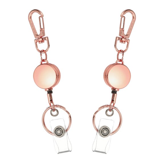 Uxcell 2Pack Retractable Keychain, Metal Badge Reels Retractable Badge Holder Clips with Key Rings for Name Card Key Conferences Office, Rose Gold(Round)