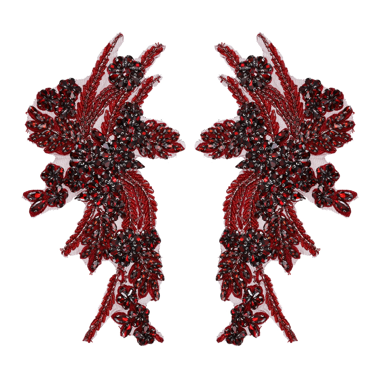 Uxcell 2Pack Rhinestone Applique Patches, 11 x 7 Inches Burgundy Lace Embroidery Patches Sew on Rhinestone Beaded Sequins for Sewing Making Dresses Wedding Banquet Evening Gown Decoration