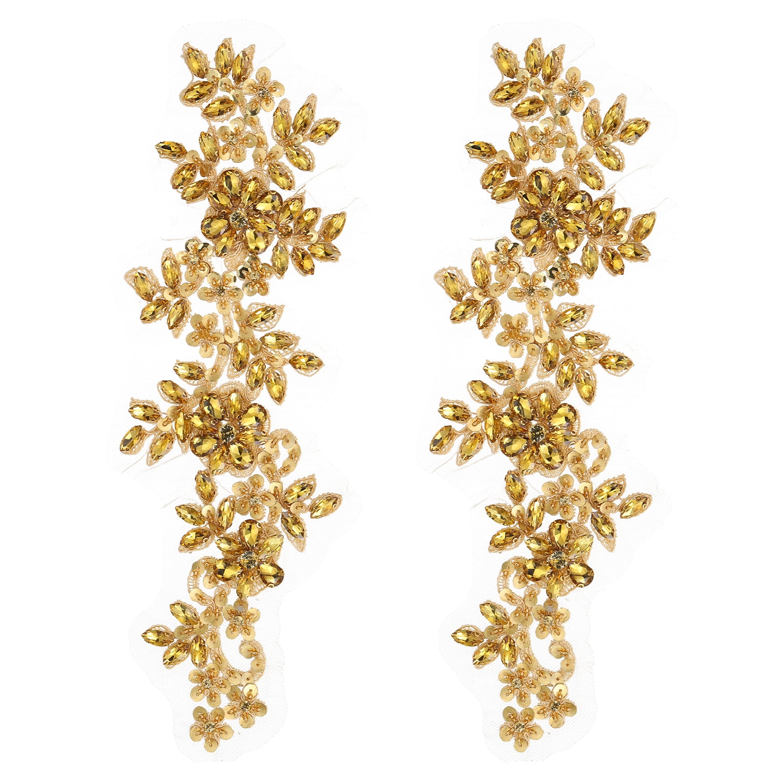 Uxcell 2Pack Rhinestone Applique Patches, 13 x 4 Inches Gold Lace Embroidery Patches Sew on Rhinestone Beaded Sequins for Sewing Making Dresses Wedding Banquet Evening Gown Decoration