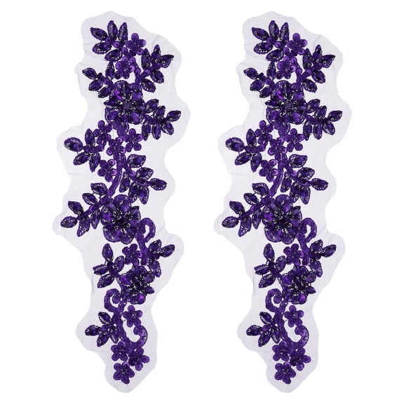 Uxcell 2Pack Rhinestone Applique Patches, 13x4Inches Dark Purple Lace Embroidery Patches Sew on Rhinestone Beaded Sequins for Sewing Making Dresses Wedding Banquet Evening Gown Decoration