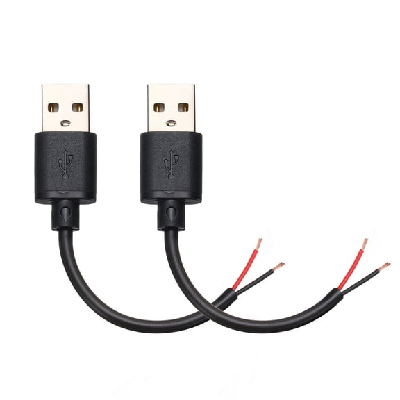 Uxcell 2Pcs 0.10m/0.33Ft USB Pigtail Cable, 5V 2.4A USB A Male Plug to 2 Pin 24AWG Bare Wires Open End Power Cord for DIY Equipment Replace Repair, LED Lamp, Fan, Black
