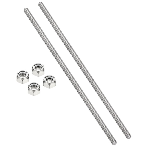 Uxcell 2Pcs 1/4"-20x300mm Threaded Rods with Hex Nuts, 304 Stainless Steel Fully Threaded Rod Right Hand Threads with 4Pcs Nylon Insert Lock Nut for Clamps Hangers U-Bolt, Silver Tone