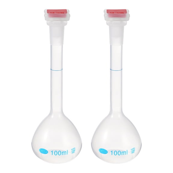 Uxcell 2Pcs 100ml Volumetric Flask, Polypropylene Graduated Volumetric Measuring Flask with Red Plug Cap Tolerance 0.3ml for Laboratory Science Experiment, Clear