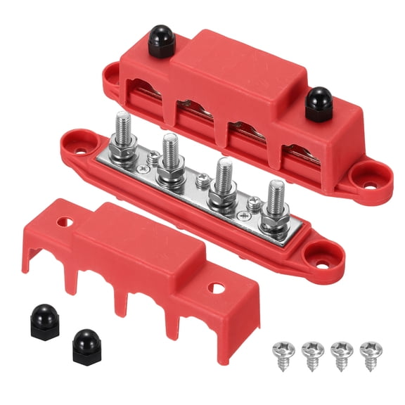 Uxcell 2Pcs 12-48VDC 250A Bus Bar Marine Power Distribution Blocks, 4x5/16" Studs Automotive Busbar Terminal Block with Accessories for Car Boat Solar Wiring, Red