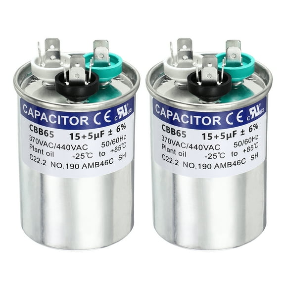 Uxcell 2Pcs 15+5 MFD CBB65 Run Start Capacitor 15+5 uF, 370/440V Round AC Capacitor for AC Motor Run, HVAC, Air Conditioner, Condenser Motors