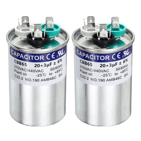 Uxcell 2Pcs 20+3 MFD CBB65 Run Start Capacitor 20+3 uF, 370/440V Round AC Capacitor for AC Motor Run, HVAC, Air Conditioner, Condenser Motors