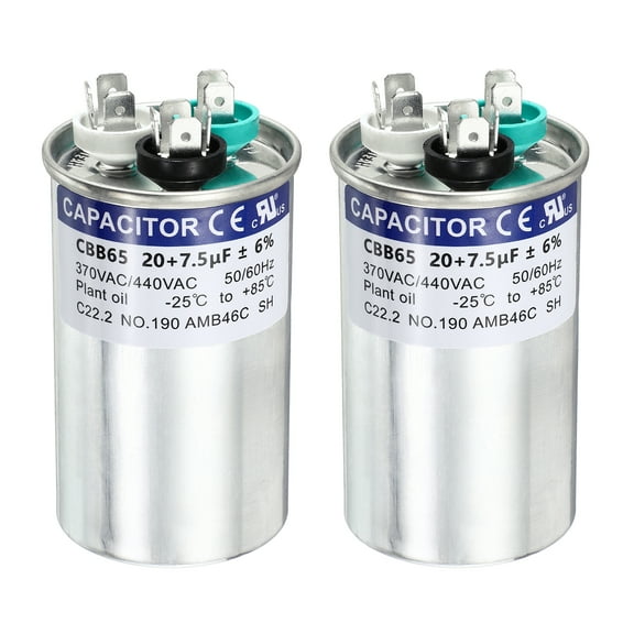 Uxcell 2Pcs 20+7.5 MFD CBB65 Run Start Capacitor 20+7.5 uF, 370/440V Round AC Capacitor for AC Motor Run, HVAC, Air Conditioner, Condenser Motors