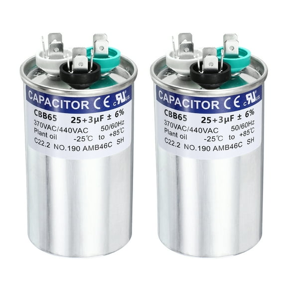 Uxcell 2Pcs 25+3 MFD CBB65 Run Start Capacitor 25+3 uF, 370/440V Round AC Capacitor for AC Motor Run, HVAC, Air Conditioner, Condenser Motors