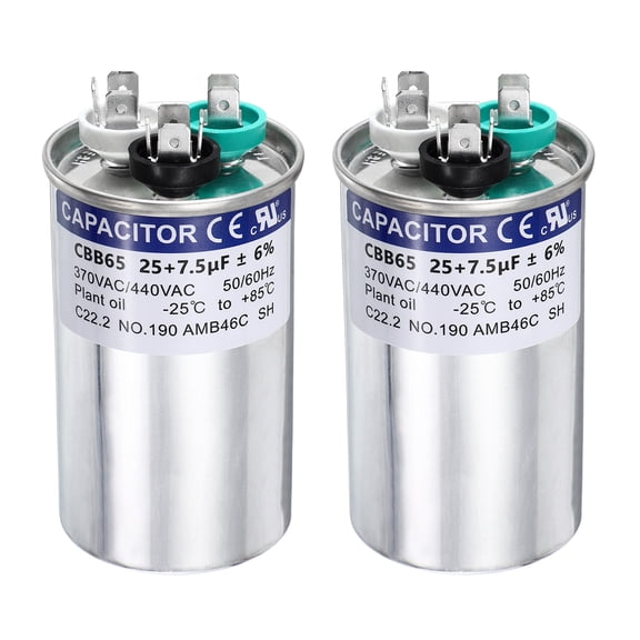 Uxcell 2Pcs 25+7.5 MFD CBB65 Run Start Capacitor 25+7.5 uF, 370/440V Round AC Capacitor for AC Motor Run, HVAC, Air Conditioner, Condenser Motors