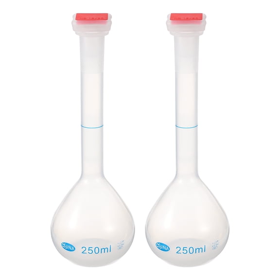 Uxcell 2Pcs 250ml Volumetric Flask, Polypropylene Graduated Volumetric Measuring Flask with Red Plug Cap Tolerance 0.3ml for Laboratory Science Experiment, Clear