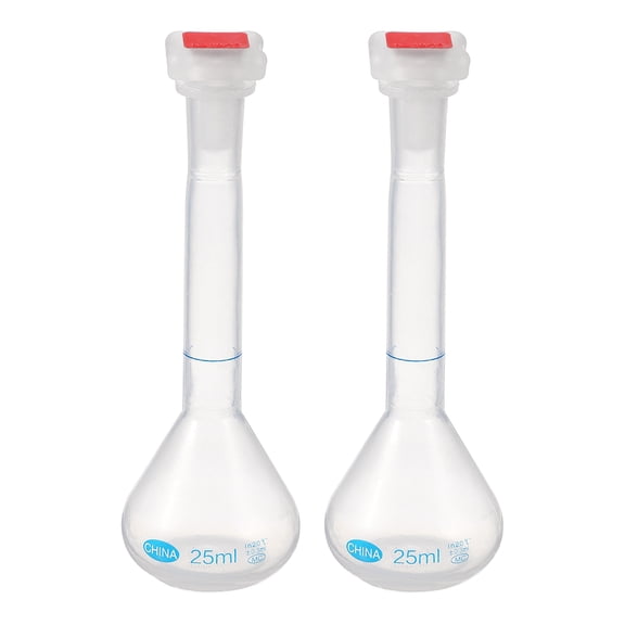 Uxcell 2Pcs 25ml Volumetric Flask, Polypropylene Graduated Volumetric Measuring Flask with Red Plug Cap Tolerance 0.3ml for Laboratory Science Experiment, Clear