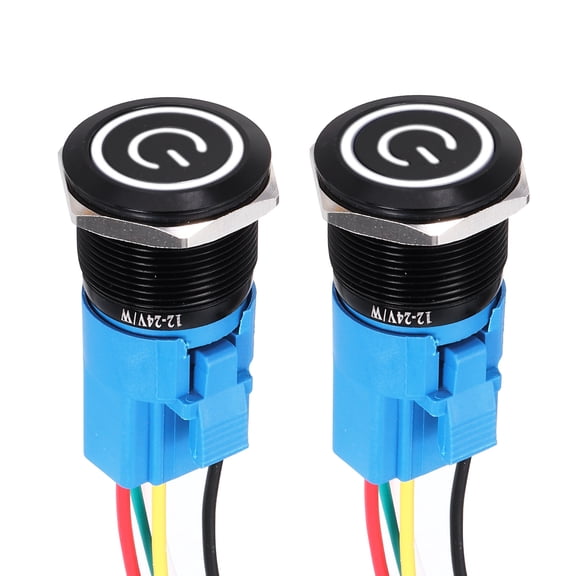 Uxcell 2Pcs 3/4" Aluminium Alloy Momentary Push Button Switch Flat Head 3A 12-24V Black Shell 5 Pin with Cable Socket White