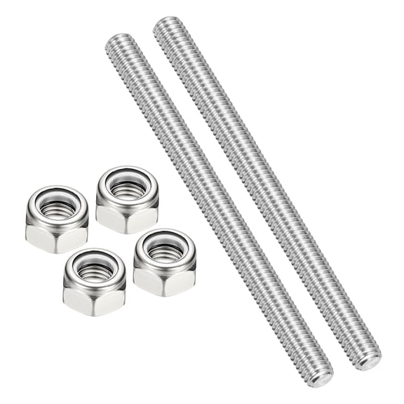 Uxcell 2Pcs 3/8"-16x110mm Threaded Rods with Hex Nuts, 304 Stainless Steel Fully Threaded Rod Right Hand Threads with 4Pcs Nylon Insert Lock Nut for Clamps Hangers U-Bolt, Silver Tone