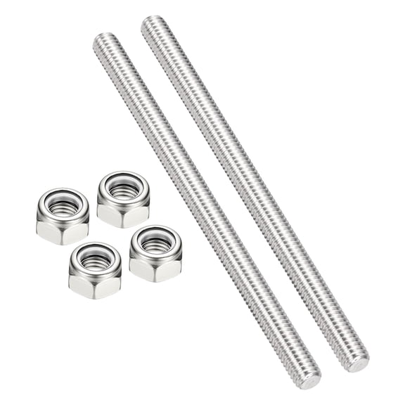 Uxcell 2Pcs 3/8"-16x150mm Threaded Rods with Hex Nuts, 304 Stainless Steel Fully Threaded Rod Right Hand Threads with 4Pcs Nylon Insert Lock Nut for Clamps Hangers U-Bolt, Silver Tone