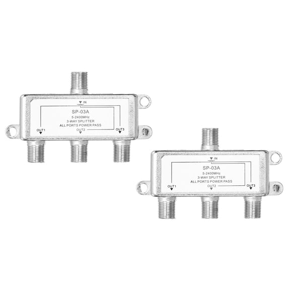 Uxcell 2Pcs 3 Way Coaxial Cable Splitter, 5-2400 MHz F Type Connector Coaxial Splitter Low Loss Signal Distributor for TV Satellite Antenna Modem Home HDTV CATV, Silver Tone
