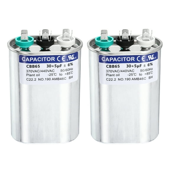 Uxcell 2Pcs 30+5 MFD CBB65 Run Start Capacitor 30+5 uF, 370/440V Oval AC Capacitor for AC Motor Run, HVAC, Air Conditioner, Condenser Motors
