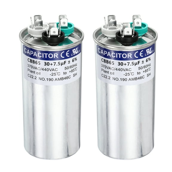 Uxcell 2Pcs 30+7.5 MFD CBB65 Run Start Capacitor 30+7.5 uF, 370/440V Round AC Capacitor for AC Motor Run, HVAC, Air Conditioner, Condenser Motors