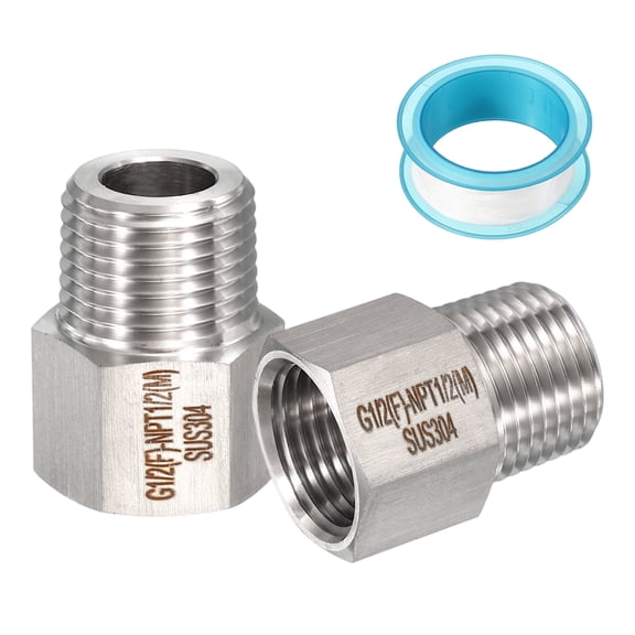 Uxcell 2Pcs 304 Stainless Steel Forged Pipe Fitting, 1/2" G Female to 1/2" NPT Thread Adapter Hex Pipe Fitting Adapter for Hose Line Connection Convert, Silver(1.34x1.06")