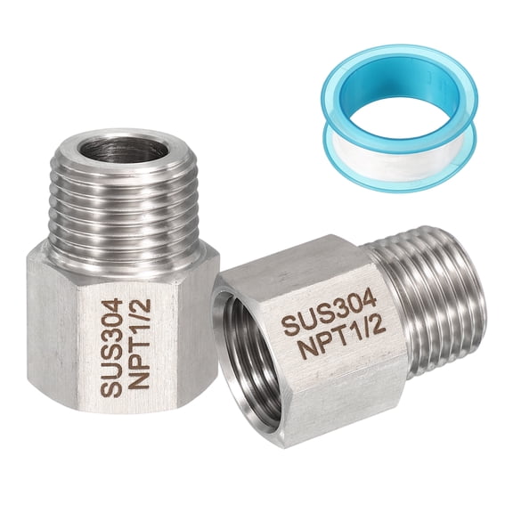 Uxcell 2Pcs 304 Stainless Steel Forged Pipe Fitting, 1/2" NPT Female to 1/2" NPT Thread Adapter Hex Pipe Fitting Adapter for Hose Line Connection Convert, Silver(1.38x1.06")