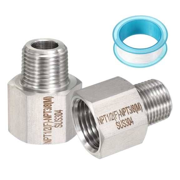 Uxcell 2Pcs 304 Stainless Steel Forged Pipe Fitting, 1/2" NPT Female to 3/8" NPT Thread Adapter Hex Pipe Fitting Adapter for Hose Line Connection Convert, Silver(1.34x1.06")