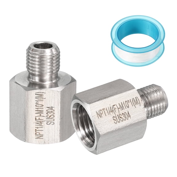Uxcell 2Pcs 304 Stainless Steel Forged Pipe Fitting, 1/4" NPT Female to M10x1 Thread Adapter Hex Pipe Fitting Adapter for Hose Line Connection Convert, Silver(1.06x0.75")