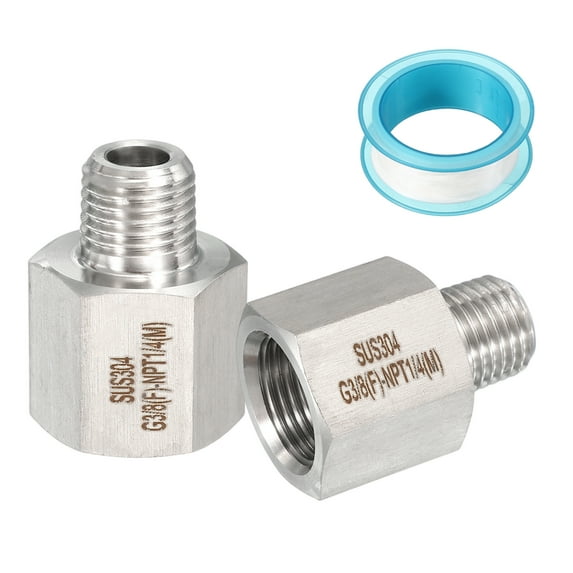 Uxcell 2Pcs 304 Stainless Steel Forged Pipe Fitting, 3/8" G Female to 1/4" NPT Thread Adapter Hex Pipe Fitting Adapter for Hose Line Connection Convert, Silver(1.26x0.98")