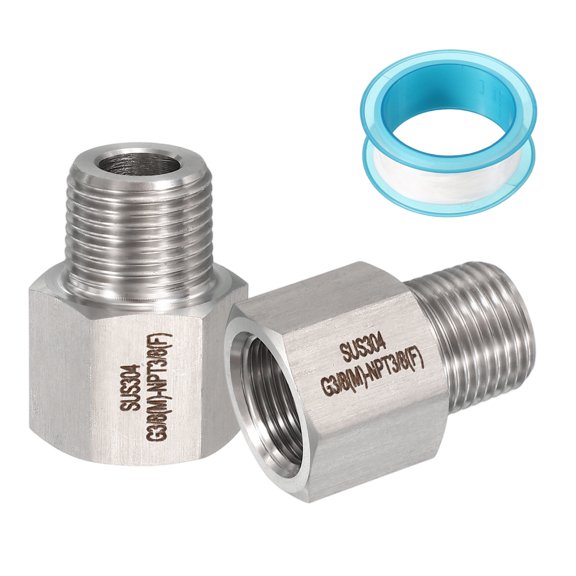 Uxcell 2Pcs 304 Stainless Steel Forged Pipe Fitting, 3/8" G Female to 3/8" NPT Thread Adapter Hex Pipe Fitting Adapter for Hose Line Connection Convert, Silver(1.26x0.98")