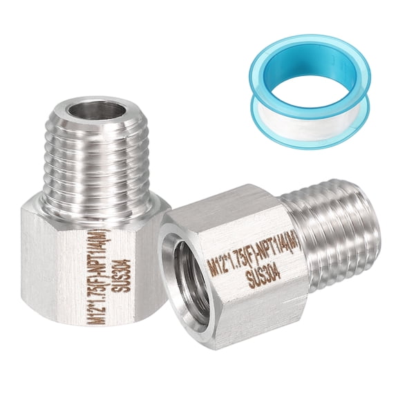 Uxcell 2Pcs 304 Stainless Steel Forged Pipe Fitting, M12x1.75 Female to 1/4" NPT Thread Adapter Hex Pipe Fitting Adapter for Hose Line Connection Convert, Silver(1.02x0.75")