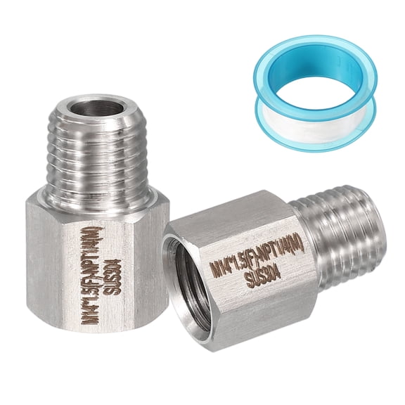 Uxcell 2Pcs 304 Stainless Steel Forged Pipe Fitting, M14x1.5 Female to 1/4" NPT Thread Adapter Hex Pipe Fitting Adapter for Hose Line Connection Convert, Silver(1.14x0.75")