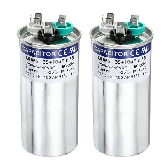 Uxcell 2Pcs 35+10 MFD CBB65 Run Start Capacitor 35+10 uF, 370/440V Round AC Capacitor for AC Motor Run, HVAC, Air Conditioner, Condenser Motors