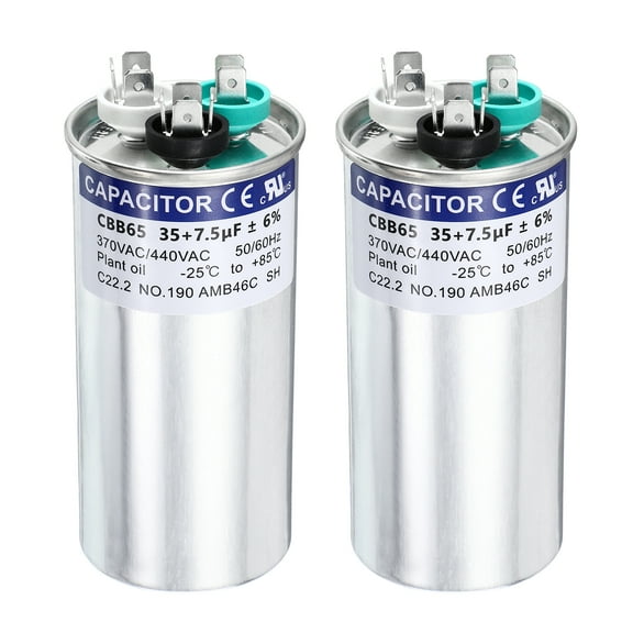 Uxcell 2Pcs 35+7.5 MFD CBB65 Run Start Capacitor 35+7.5 uF, 370/440V Round AC Capacitor for AC Motor Run, HVAC, Air Conditioner, Condenser Motors