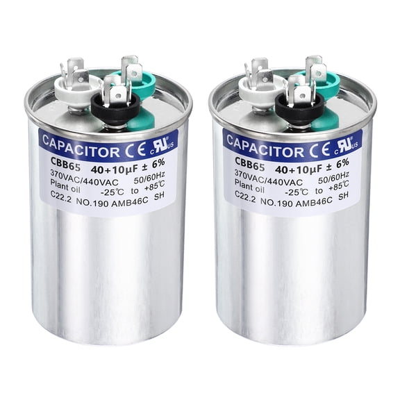 Uxcell 2Pcs 40+10 MFD CBB65 Run Start Capacitor 40+10 uF, 370/440V Round AC Capacitor for AC Motor Run, HVAC, Air Conditioner, Condenser Motors